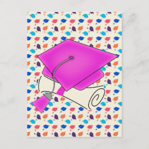 Hot Pink Graduation Cap and Diploma, farbenfrohe C Ankündigungspostkarte