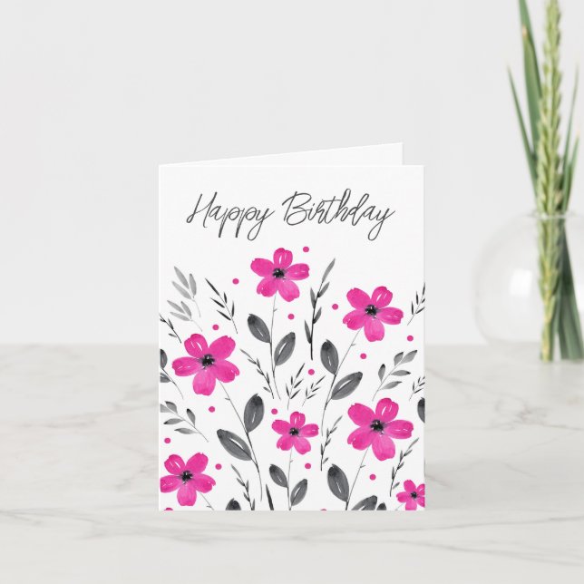 Hot Pink Grau Fünf-Petal-Aquarell Blumenmotiv Karte (Vorderseite)