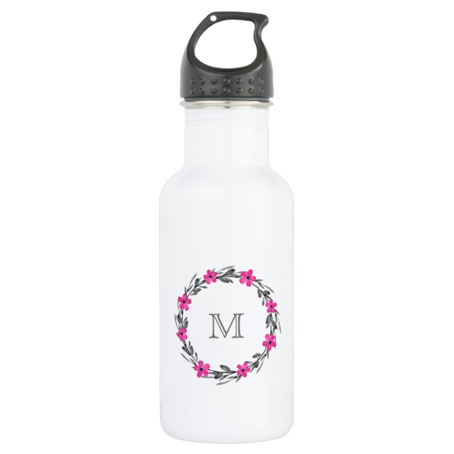 Hot Pink Grau Schwarz Wasserfarbe Blumenreath Edelstahlflasche (Vorderseite)