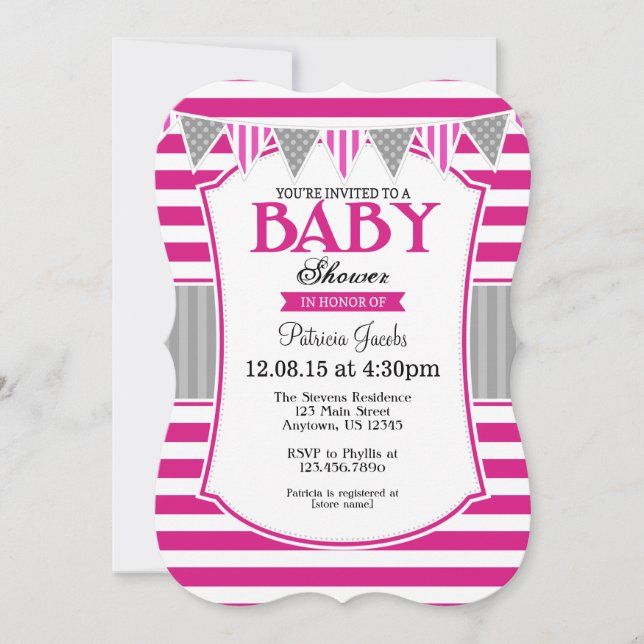 Hot Pink Gray Stripes Kinderdusche Einladung (Vorderseite)