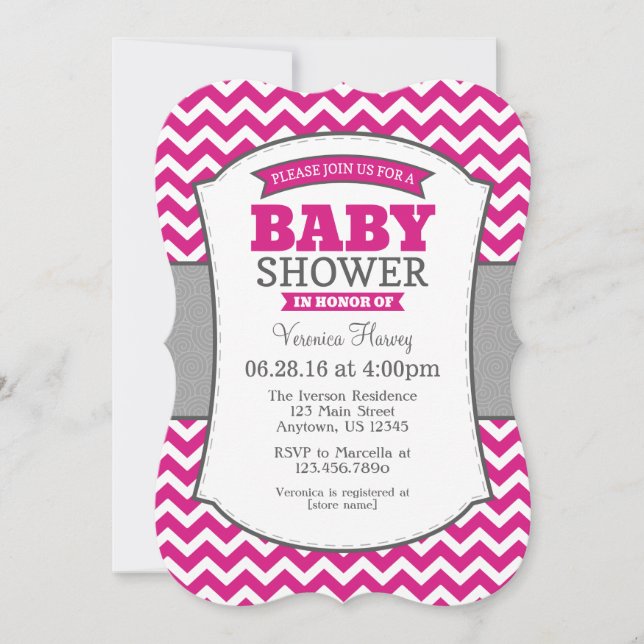 Hot Pink Gray Zickzack Baby Dusche Einladung (Vorderseite)