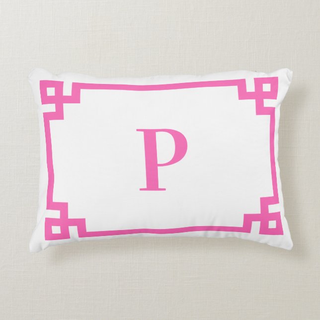 Hot Pink, griechischer Schlüssel, Monogramm Dekokissen (Vorderseite)
