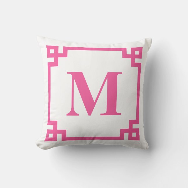 Hot Pink, griechischer Schlüssel, Monogramm Kissen (Vorderseite)