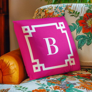 Hot Pink, griechischer Schlüssel, Monogramm Kissen