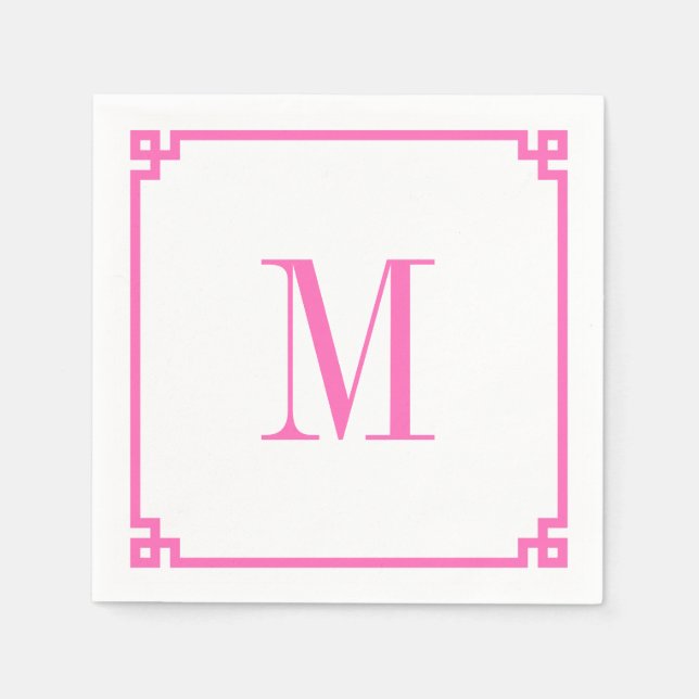 Hot Pink, griechischer Schlüssel, Monogramm Serviette (Vorderseite)