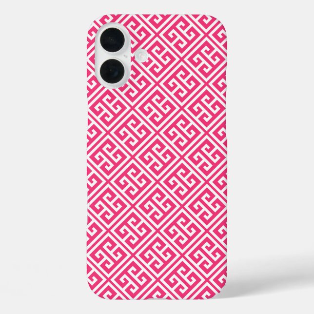 Hot Pink, griechisches Schlüsselmuster iPhone 16 Plus Hülle (Rückseite)