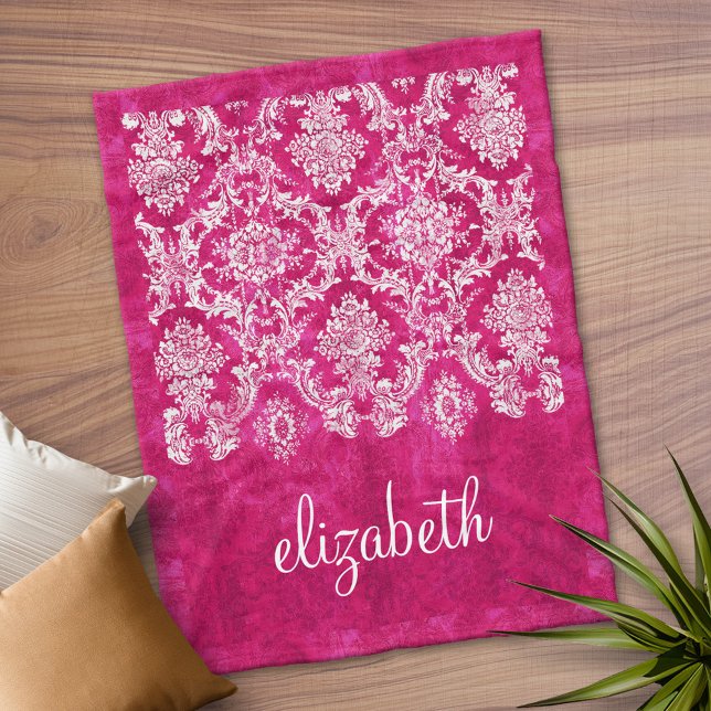 Hot Pink Grunge Damask Muster Name Fleecedecke (Personalized Fleece Blanket)