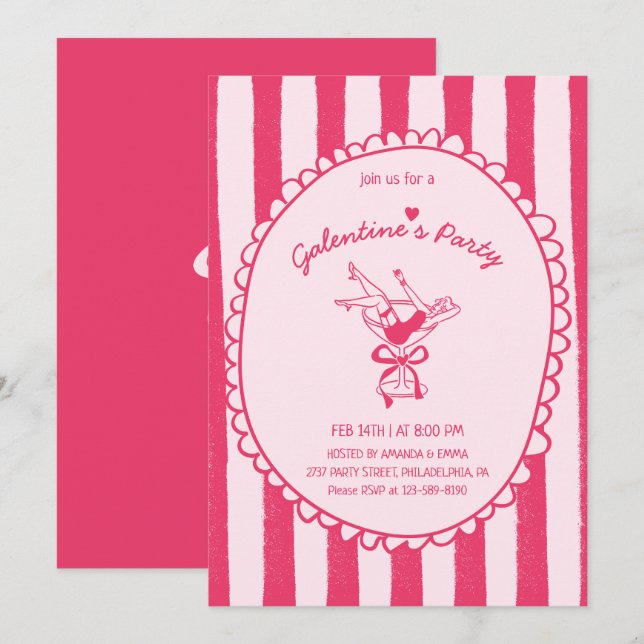Hot Pink Hand Drawn Galentine's Day Party Einladung (Vorne/Hinten)