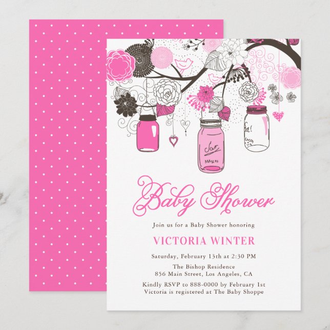 Hot Pink HangMason Jars Baby Dusche Einladung (Vorne/Hinten)