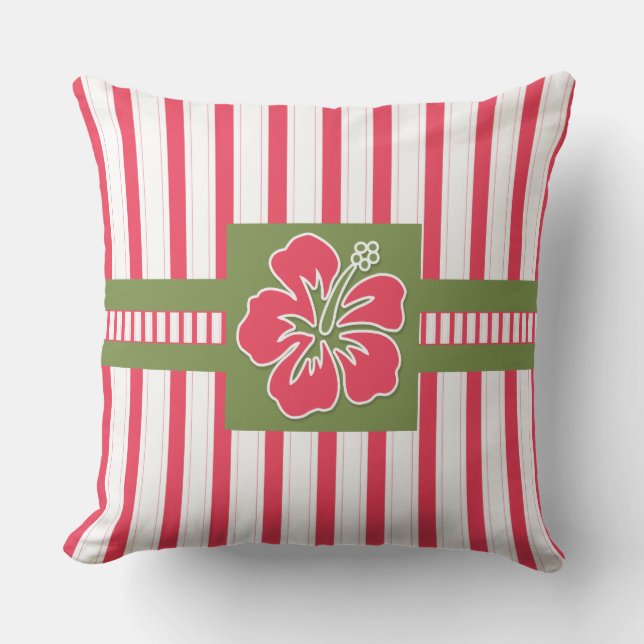 Hot Pink Hibisken mit Streifen Monogramm Kissen (Vorderseite)