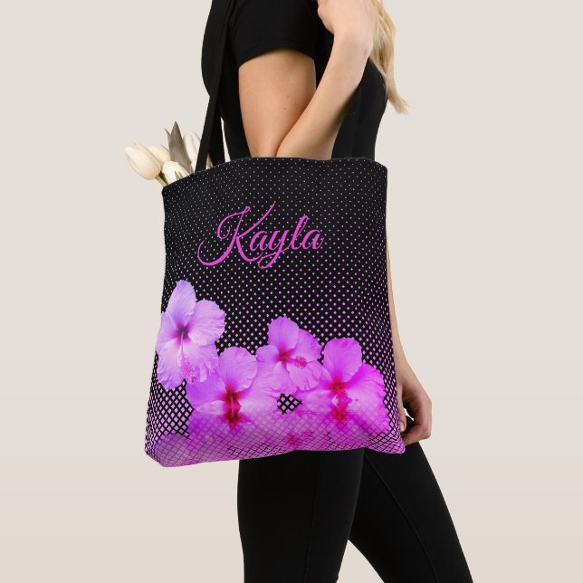 Hot-Pink-Hibiskus auf Schwarz und Rosa überprüft Tasche (Von Nahem)