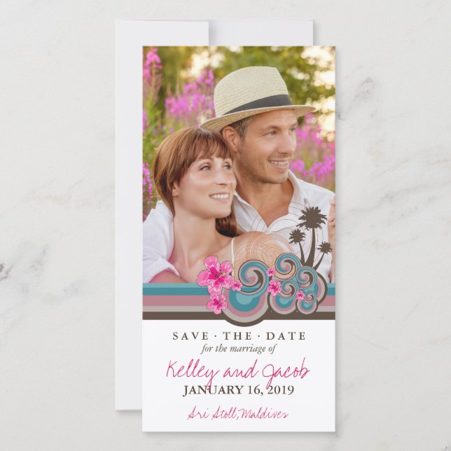 Hot Pink Hibiskus Tropical Blue Waves Beach Foto Save The Date (Vorderseite)