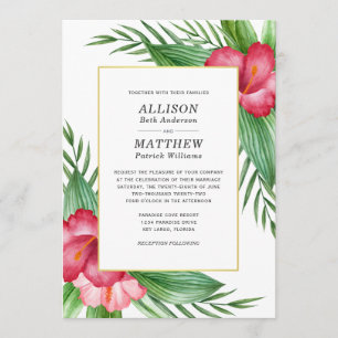 Hot Pink Hibiskus Watercolor Tropische Hochzeit Einladung