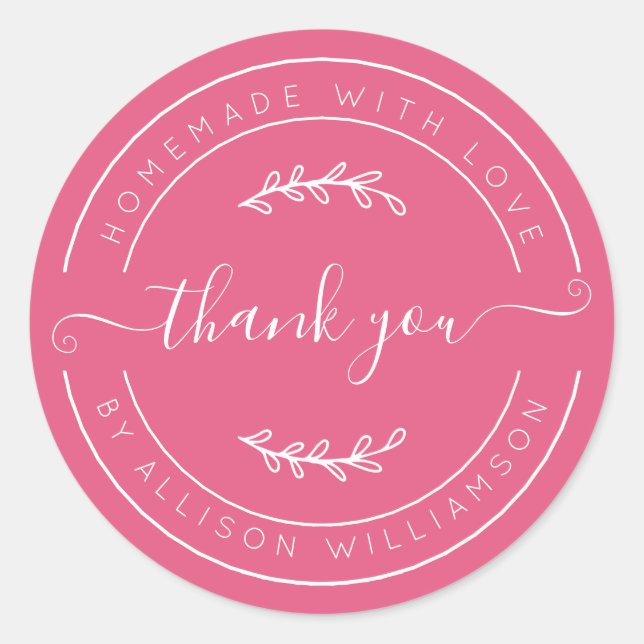 Hot Pink Homemade Thank You Label Runder Aufkleber (Vorderseite)