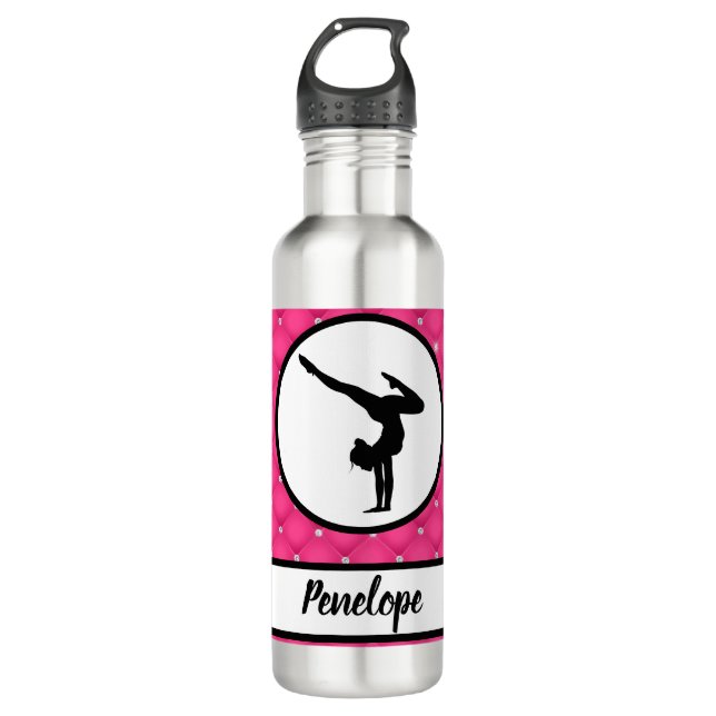 Hot-Pink-Imitat-Kristall-Handstand Edelstahlflasche (Vorderseite)