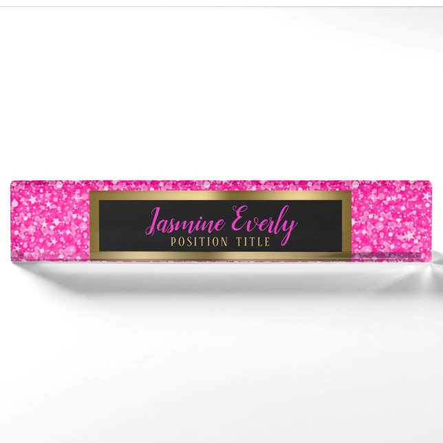 Hot Pink Imitate Glitzer Gold Akzente Namensplakette (Vorderseite)