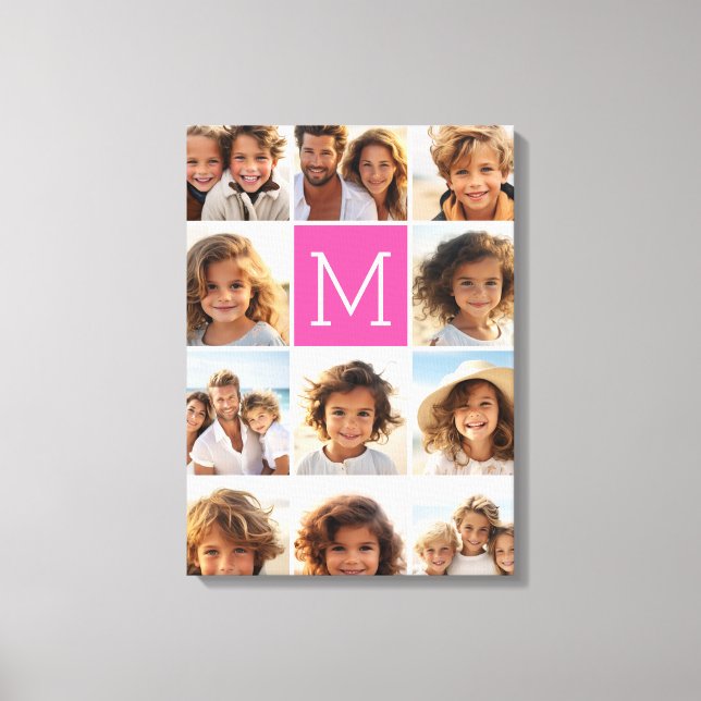 Hot Pink Instagramm Foto Collage Custom Monogram Leinwanddruck (Vorderseite)