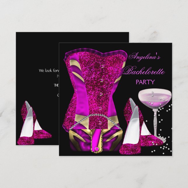 Hot Pink Junggeselinnen-Abschied Shoes Corset Einladung (Vorne/Hinten)