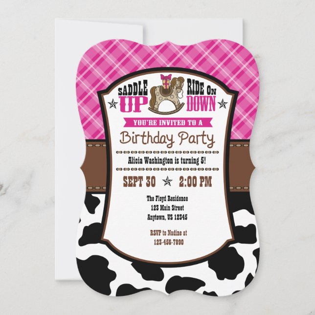 Hot Pink Kariert Cowhide Cowboy Birthday Einladung (Vorderseite)