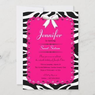Hot Pink Lace & BW Zebra Streifen Sweet 16 12x18 Einladung