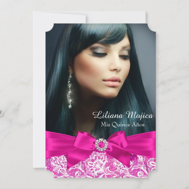 Hot Pink Lace & Jewel Bow Quinceanera Einladung (Vorderseite)