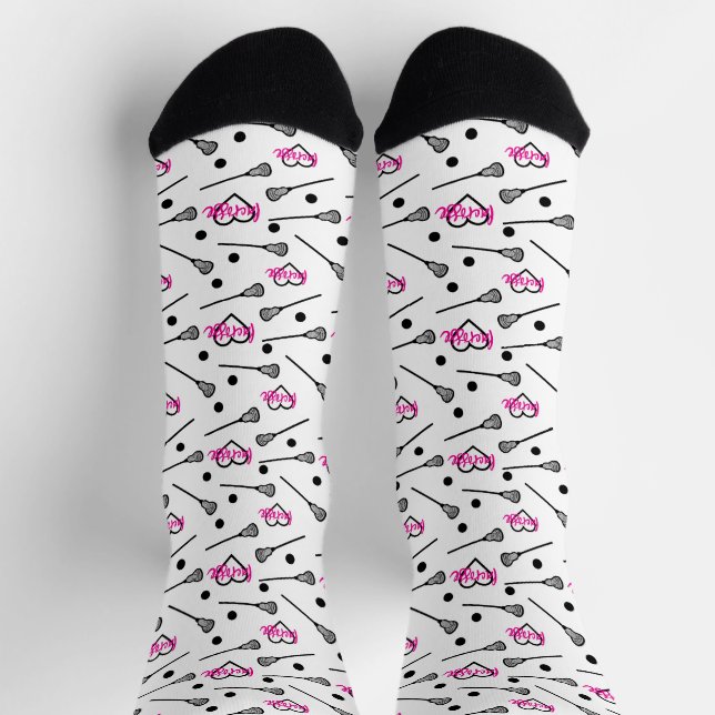 Hot Pink Lacrosse Sticks and Hearts Pattern Socken (Oben)