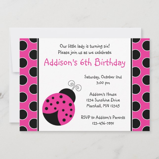 Hot Pink Ladybug Geburtstagseinladungen Einladung (Vorderseite)