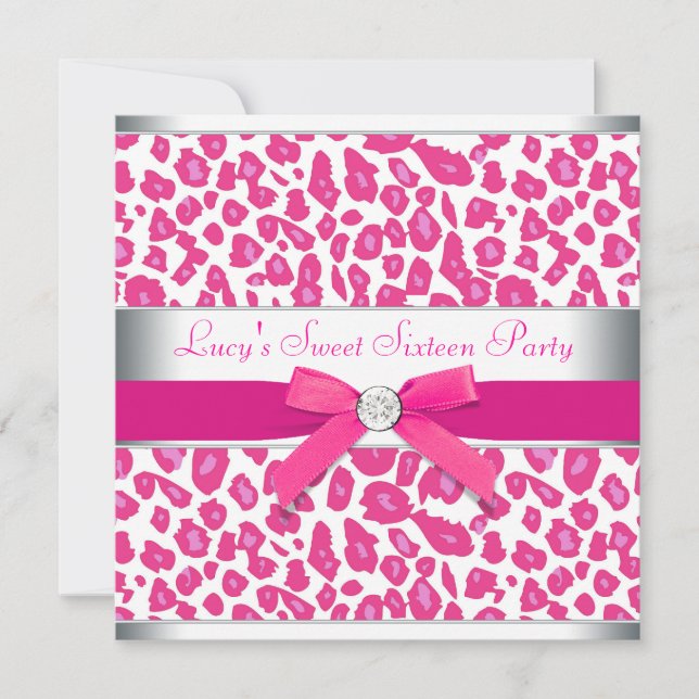 Hot Pink Leopard Bow Pink Leopard Sweet 16 Party Einladung (Vorderseite)