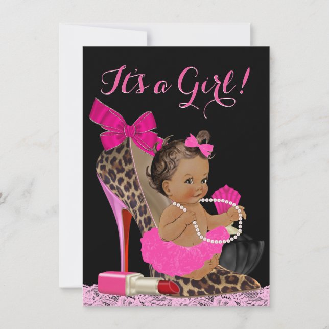Hot Pink Leopard High Heel Shoel Ethnic Baby Dusch Einladung (Vorderseite)