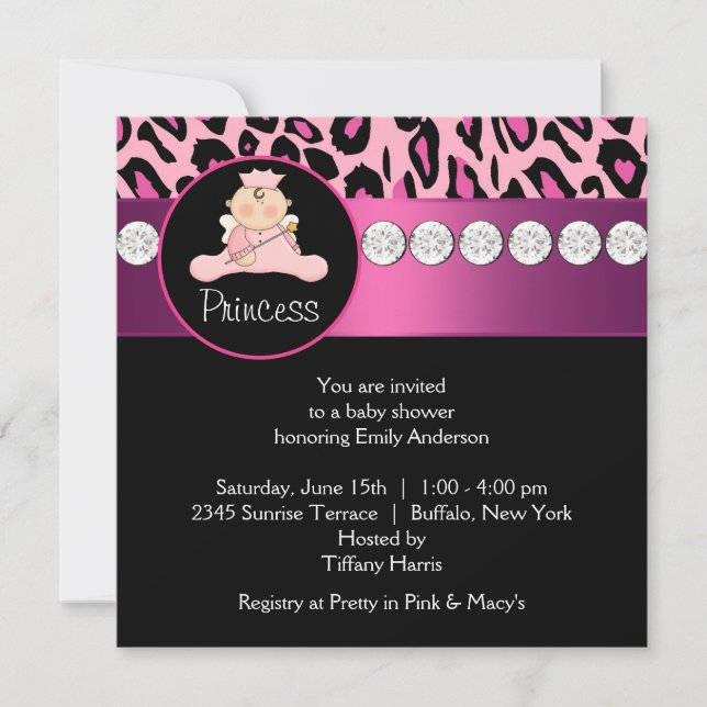 Hot Pink Leopard Princess Girl Baby Dusche Einladung (Vorderseite)