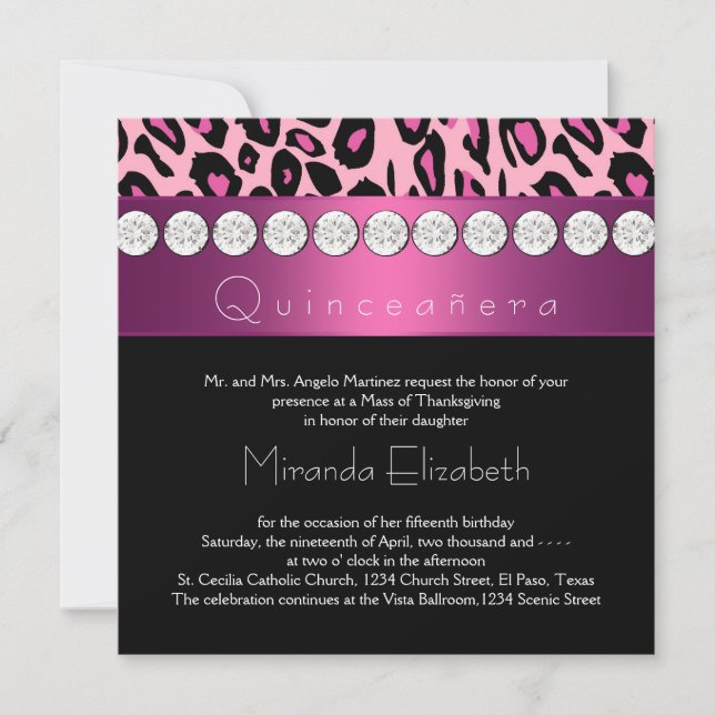 Hot Pink Leopard Quinceanera Einladung (Vorderseite)