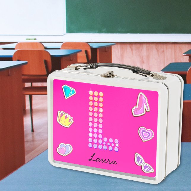 Hot Pink Letter L Monogram Girl Back to School Metall Brotdose (Front)