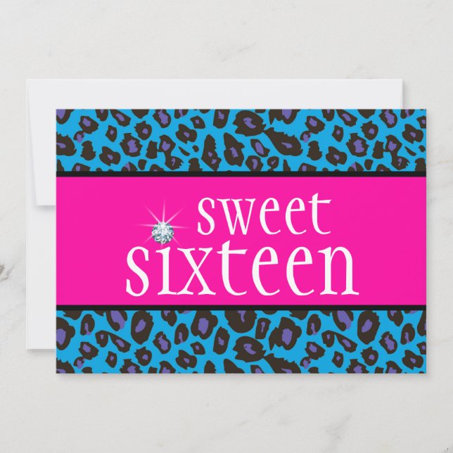 Hot Pink Lila Aquamarin Blue Leopard 16 . Geburtst Einladung (Vorderseite)