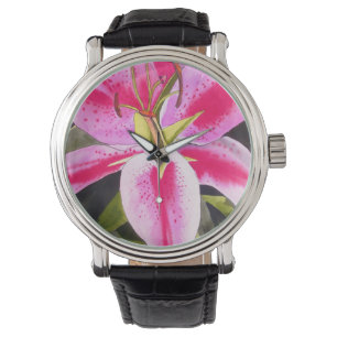 Hot Pink Lilie Blume Aquarell Pop Blume Armbanduhr