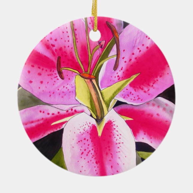 Hot Pink Lilie Blume Aquarell Pop Blume Keramikornament (Hinten)