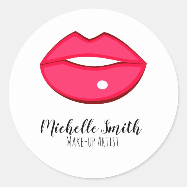 Hot Pink Lips Design Make-up Künstler Runder Aufkleber (Vorderseite)