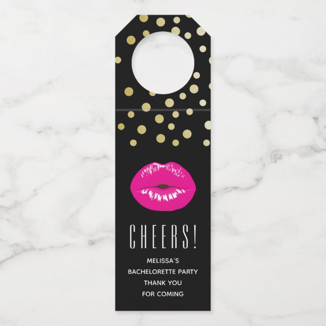 Hot Pink Lips Glamour Illustration mit Confetti Flaschenanhänger (Vorderseite)