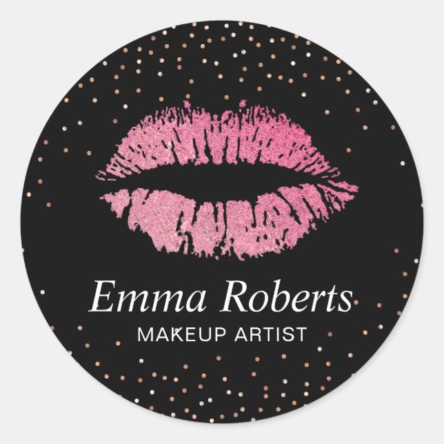 Hot Pink Lips Rose Gold Confetti Makeup Artist Runder Aufkleber (Vorderseite)