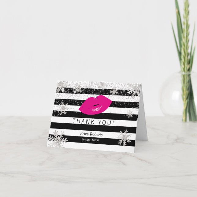 Hot Pink Lips Schneeflocken Moderne Streifen Danke (Vorderseite)