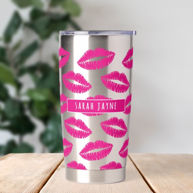 Hot Pink Lipstick Kiss Muster Insulbler Thermobecher (Hot pink lipstick kisses tumbler with space for your name)