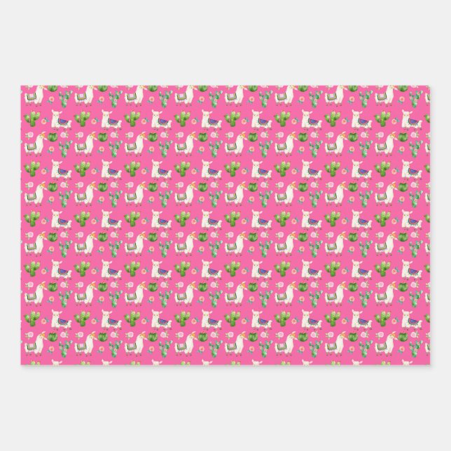 Hot Pink Llama/Cactus Fiesta Wrapping Paper Geschenkpapier Set (Vorderseite)