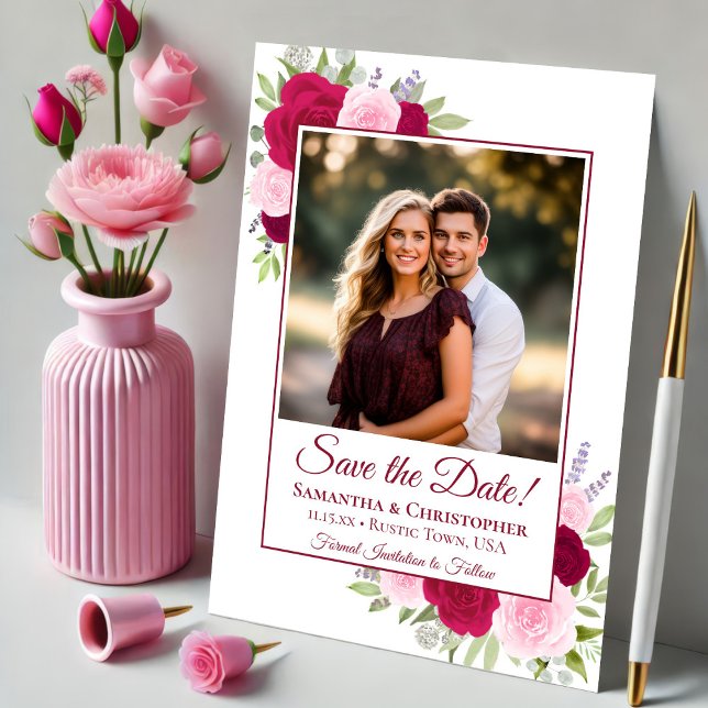 Hot Pink Magenta & Blush Boho Rose Foto Hochzeit Save The Date (Von Creator hochgeladen)