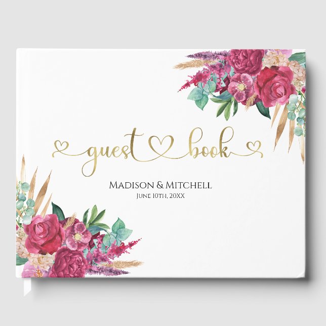 Hot Pink Magenta Floral Elegantes Gold Script Herz Gästebuch (Vorderseite)