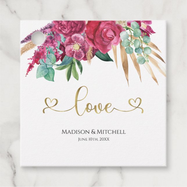 Hot Pink Magenta Floral Elegantes Gold Script Herz Geschenkanhänger (Vorderseite)