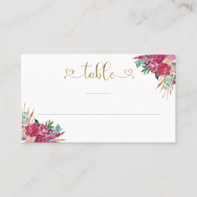Hot Pink Magenta Floral Elegantes Gold Script Herz Platzkarte (Vorderseite)