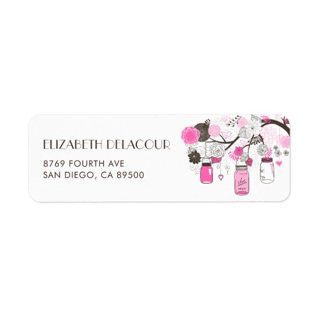 Hot Pink Mason Jars Floral Wedding Address Label (Vorne)