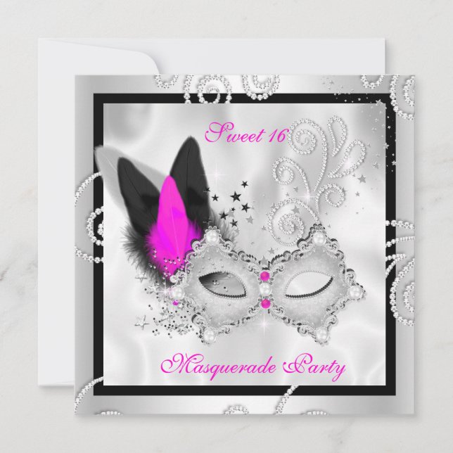 Hot Pink Masquerade Sweet 16 Party Maske Silver 2 Einladung (Vorderseite)