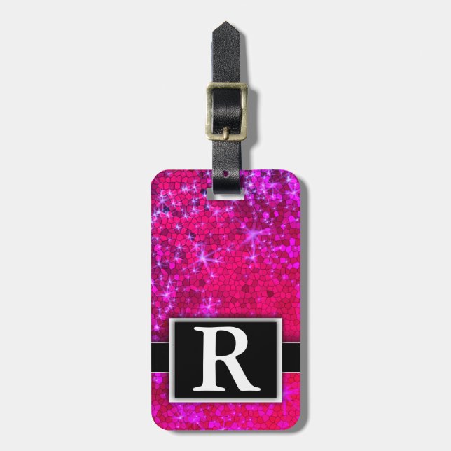 Hot Pink Metallic Glitzer Modernes, elegantes Mono Gepäckanhänger (Vorderseite vertikal)