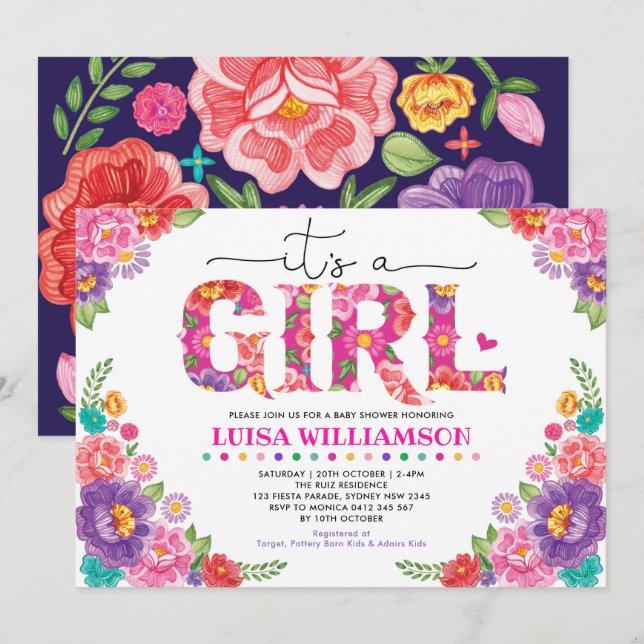 Hot Pink Mexican Fiesta Floral Girl Baby Dusche Einladung (Vorne/Hinten)