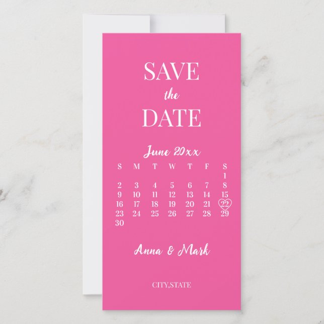 Hot Pink Minimalist Modern Calendar Wedding Save The Date (Vorderseite)